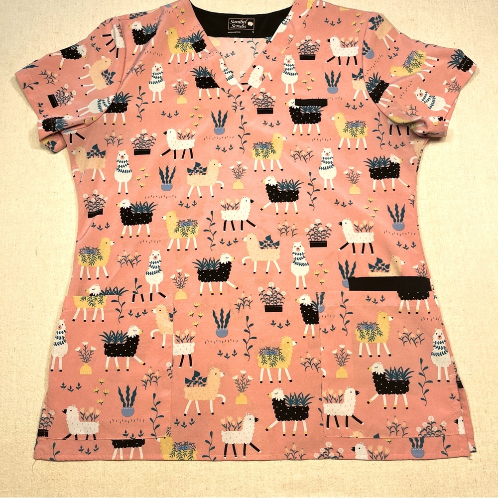 Lama Print Scrub Top by Sanibel Scrubs - Size Small